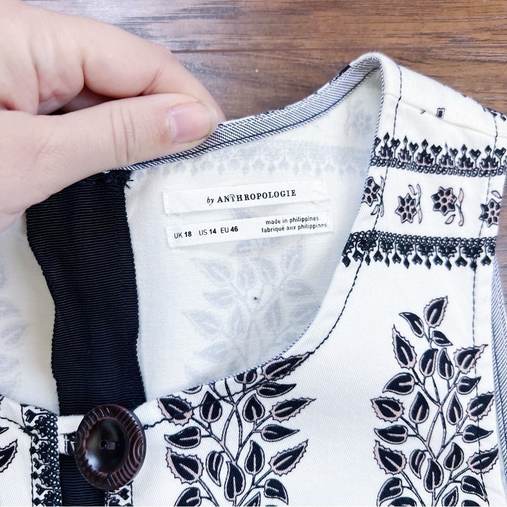 Anthropologie • Woodblock Midi Dress cream brown floral print stretch twill - Picture 5 of 13